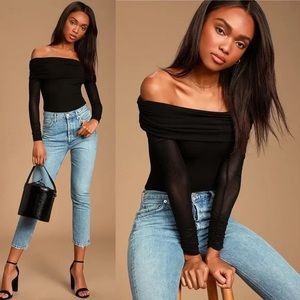 Lulu's Black Mesh Ruched Off-the-Shoulder Bodysuit, S